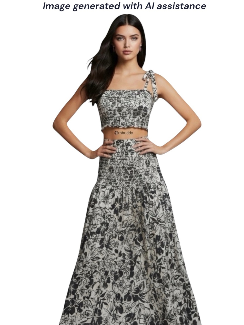 American Eagle black/white floral smocked crop top & skirt set - Picture 1 of 14